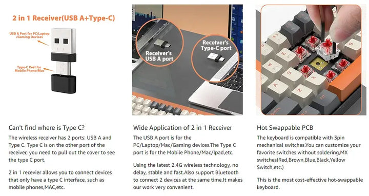 The image showcases the compact design of the Wireless Keyboard Bluetooth Dual Mode's 2-in-1 USB A/Type-C receiver, suitable for PC/Laptop and Mobile/Phone/Tablets. It emphasizes its versatility, making it perfect for use with your Bluetooth or mechanical keyboard, and features a hot-swappable keyboard PCB.