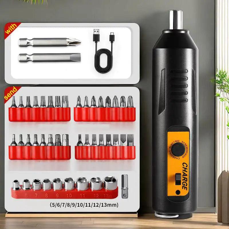 Image of the Electric Screwdriver Set, Lithium Battery Charging Household Tool Kit, ideal for home DIY projects. Features a black electric screwdriver with a charging port for lithium batteries, multiple drill bits stored in red holders, and a USB charging cable. All items are neatly arranged on a white and grey background.