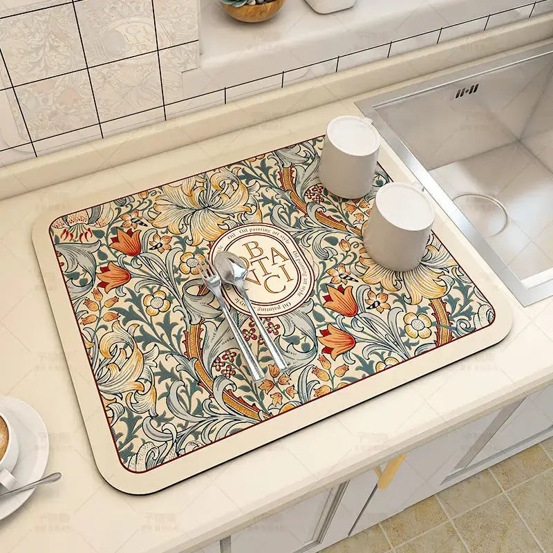 Stylish rectangular kitchen mat with floral design, ideal for quick drying and antiskid features near the sink area.