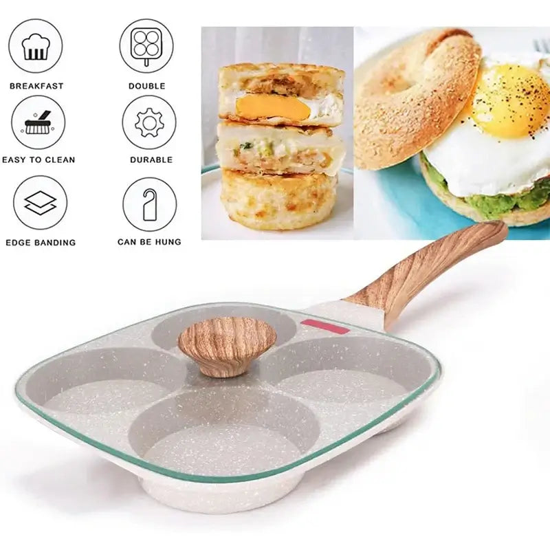 Non-stick egg frying pan with 4 holes for easy cooking of breakfast dishes like eggs and burgers.