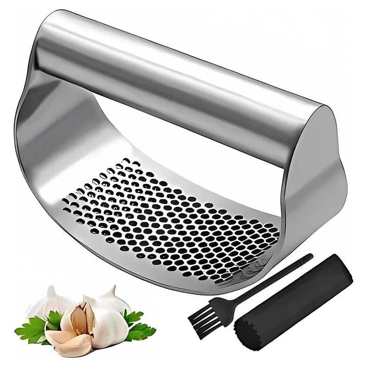 The Magic Press Stainless Steel Garlic Press boasts an ergonomic grip design and a perforated base. It comes with three peeled garlic cloves, a garlic skin remover tube, and a small cleaning brush, making it easy to clean for hassle-free cooking.