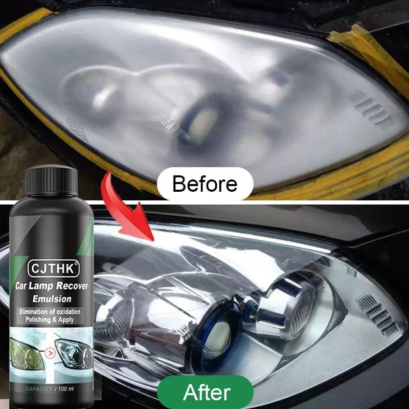 Before and after images of a car headlight restoration using the Car Headlight Repair Fluid. The top image shows a foggy, oxidized headlight, while the bottom reveals a clear, polished finish. A Headlight Scratch Remover bottle is displayed on the left.