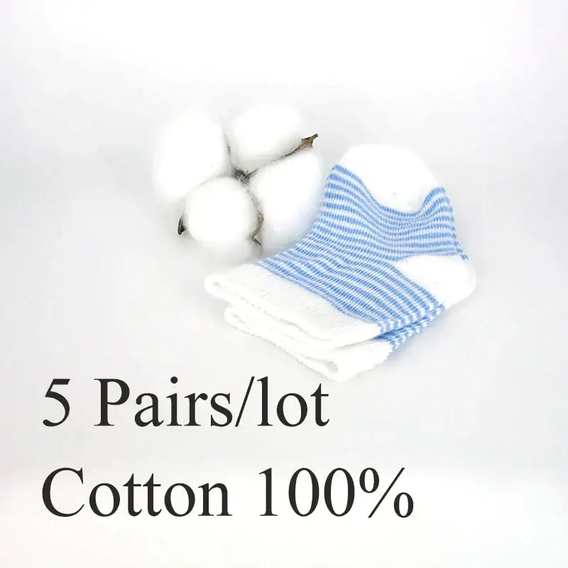 Blue striped cotton baby socks set with cotton flower, 5 pairs, suitable for newborns, unisex design, soft and comfortable.