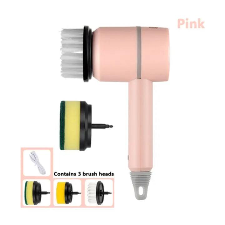 The Cordless Electric Bathroom, Kitchen & Sofa Cleaning Brush in pink is a versatile cleaning tool with three interchangeable heads: white bristles, a yellow sponge, and a black-and-yellow scrubber. This USB rechargeable device also includes a charging cable for added convenience.