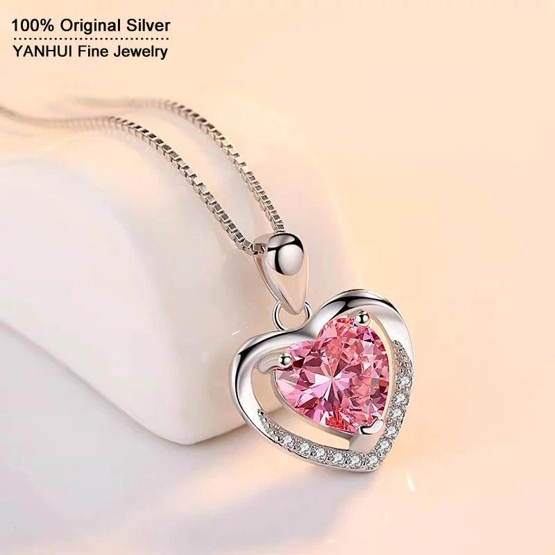 925 Silver Pendant Necklace Pink Heart Crystal Hypoallergenic Jewelry