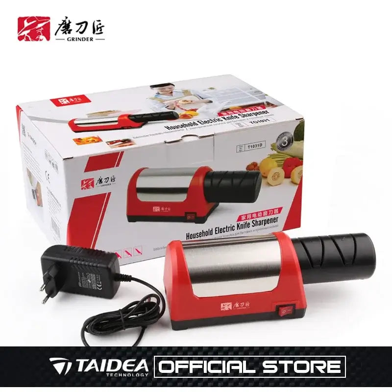 Electric knife sharpener in red and silver, compact design with box and charger, ideal for kitchen use.