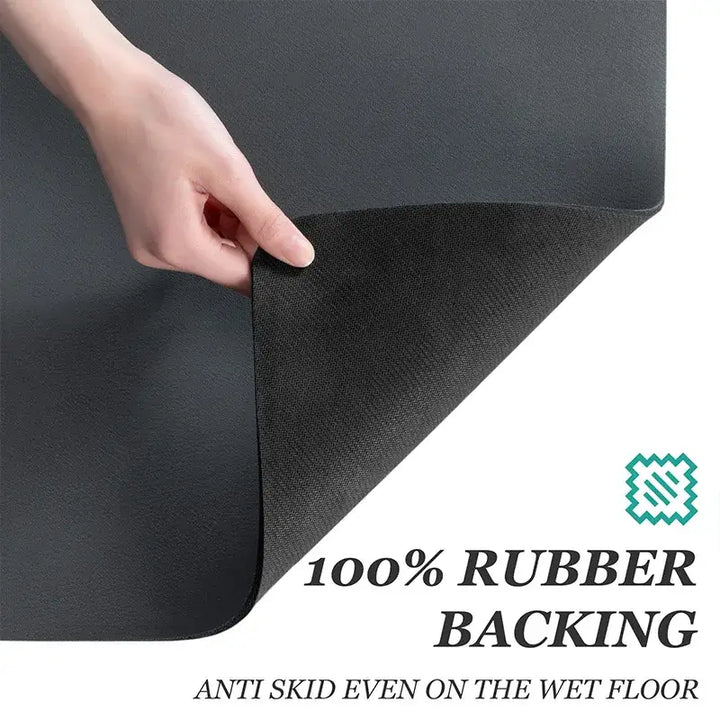 Hand lifting corner of kitchen mat with 100% rubber backing, showcasing its antiskid feature for wet floors.