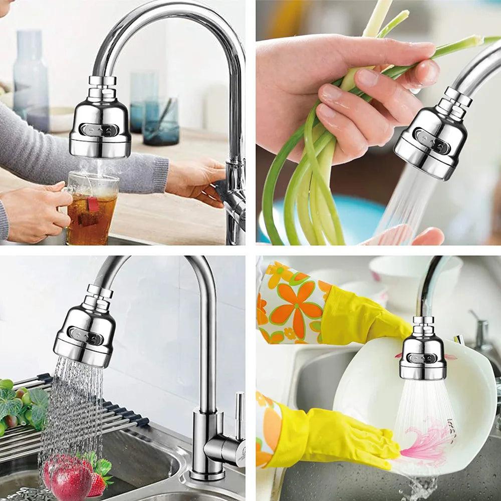 A collage of four images features the 360 Degree Kitchen Faucet Dual Mode Filter Diffuser Water Saving Nozzle. Top left: filling a cup. Top right: rinsing green onions. Bottom left: washing a red bell pepper. Bottom right: cleaning a plate with gloved hands, all optimized by the Dual Mode Filter for improved efficiency.