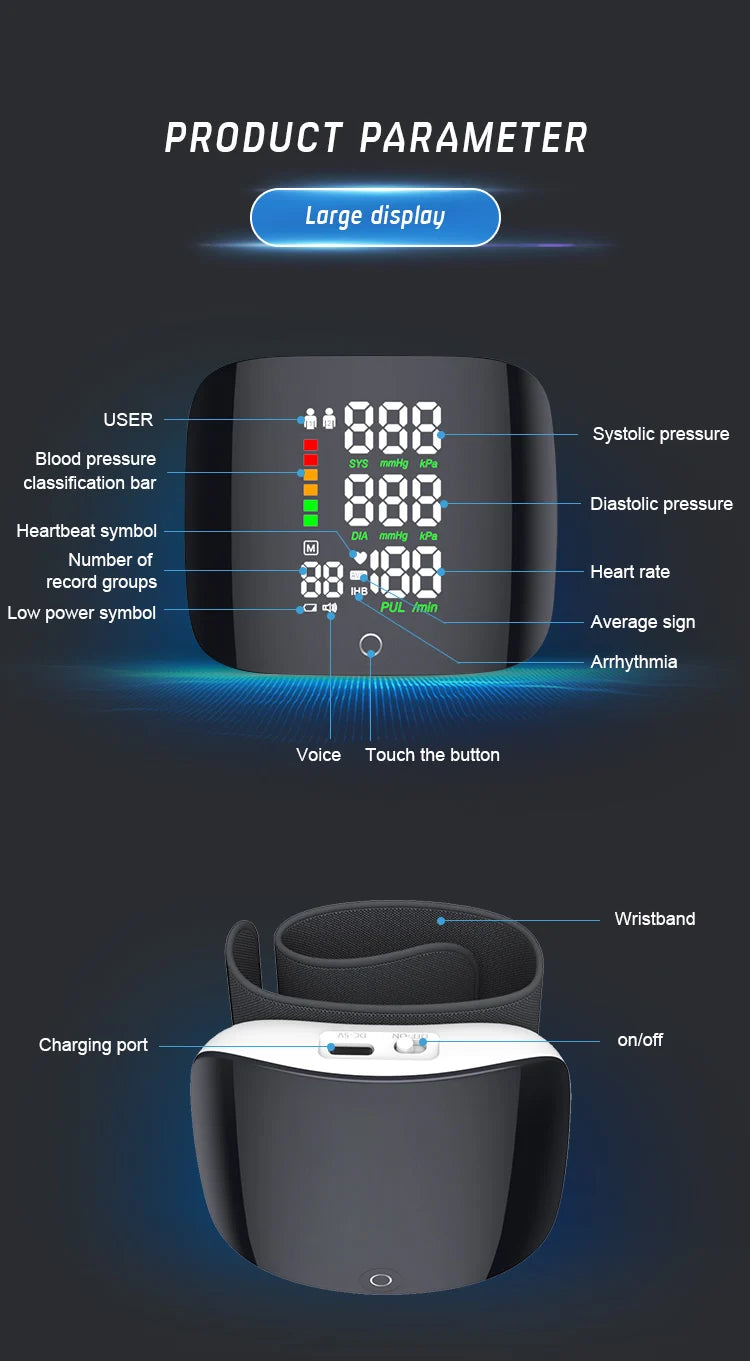 Smart Wrist Sphygmomanometer, Touchable Heart Rate Monitor, Can Store Data Support Voice Broadcast