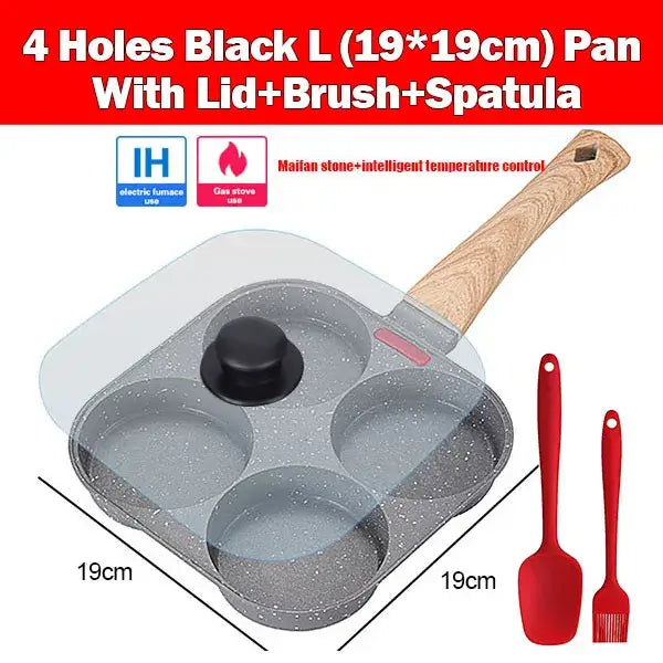 Non-stick egg frying pan with four holes, lid, brush, and spatula for easy breakfast cooking.