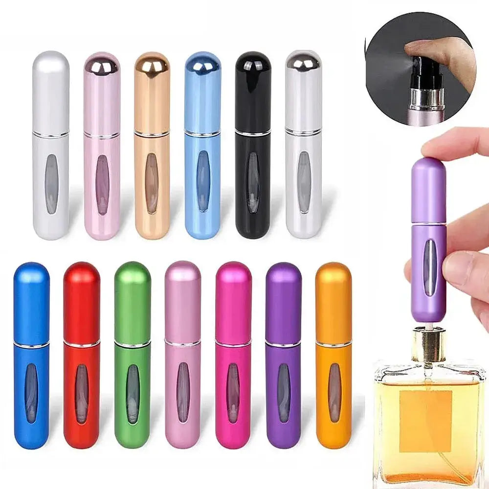 The Perfume Atomizer, Travel Spray Bottle, Refillable Mini Container is a vibrant collection of mini spray perfume atomizers available in dazzling shades such as silver, gold, blue, and more. A hand can effortlessly transfer fragrance from a bottle to one of these convenient atomizers.