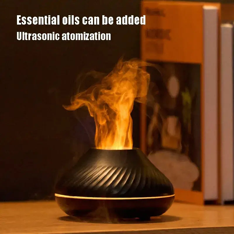 Aromatherapy humidifier with flame effect and essential oil capability, showcasing ultrasonic atomization on a Nordic desktop.