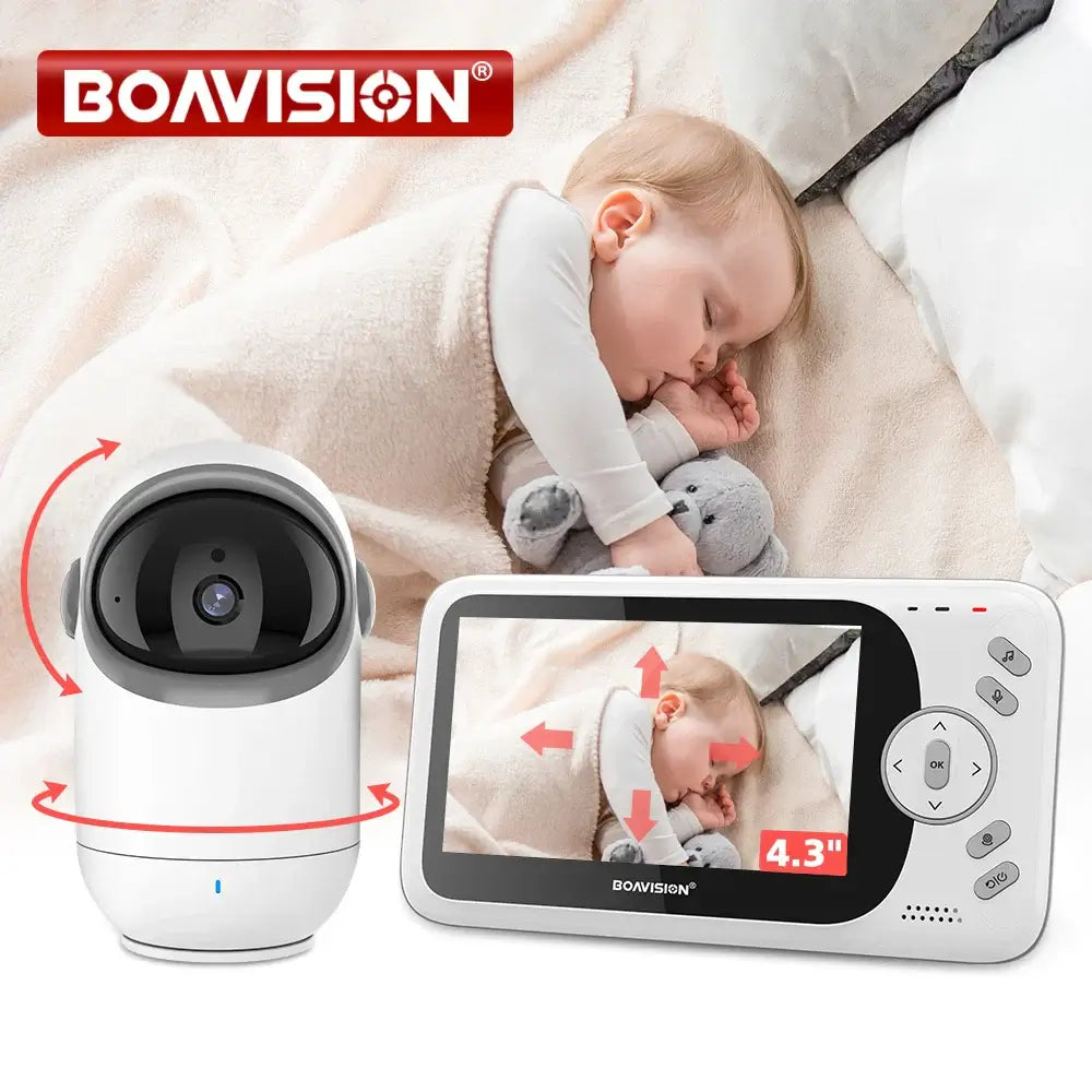 A baby sleeps on a soft beige blanket next to a stuffed elephant, with the Video Baby Monitor With Pan Tilt Camera capturing the scene. This sleek device offers two-way audio through its wireless security camera, and its 4.3-inch display screen provides comprehensive monitoring.