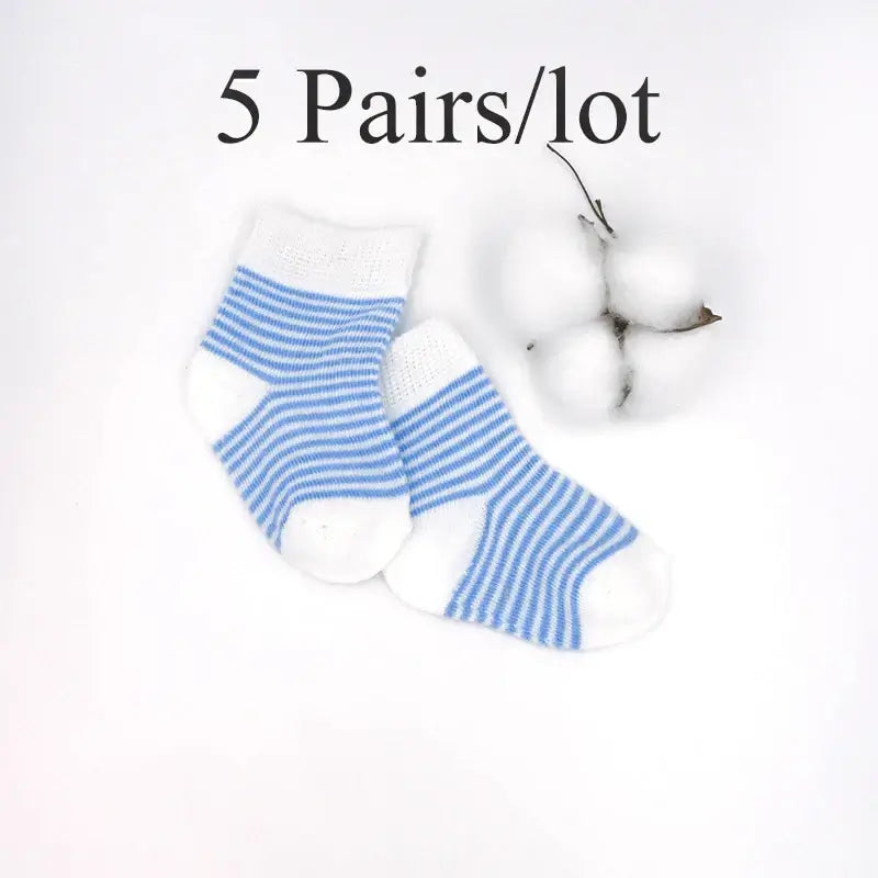 Blue striped baby socks set of 5 pairs with cotton, suitable for newborns aged 0-6 months, showcasing soft and cozy design.