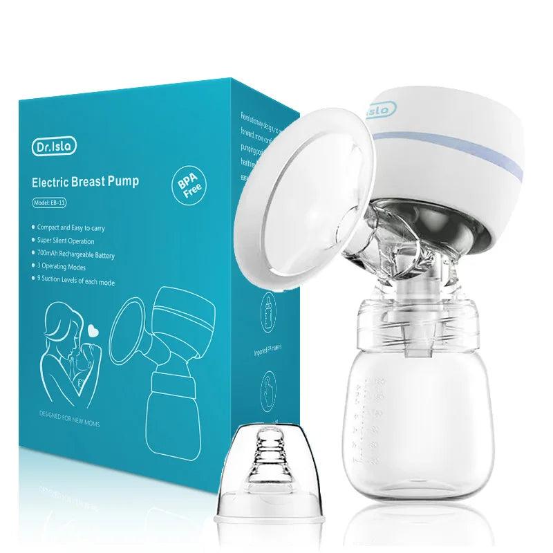 The Electric Breast Pump, USB Rechargeable and made with BPA-free materials, comes in turquoise packaging and offers a compact design along with super silent operation. It features a soothing massage mode for enhanced comfort, and is white in color with an attached clear milk container for easy portability.