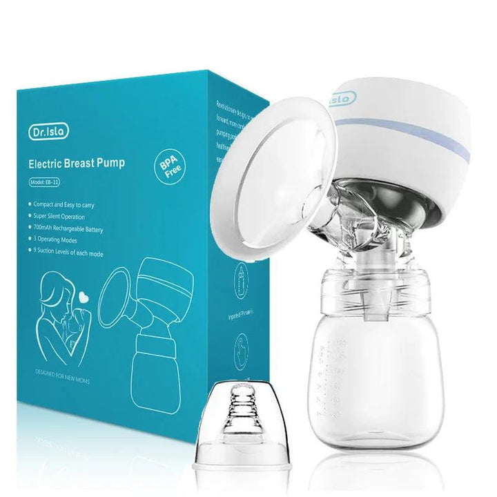 The Electric Breast Pump, USB Rechargeable and made with BPA-free materials, comes in turquoise packaging and offers a compact design along with super silent operation. It features a soothing massage mode for enhanced comfort, and is white in color with an attached clear milk container for easy portability.