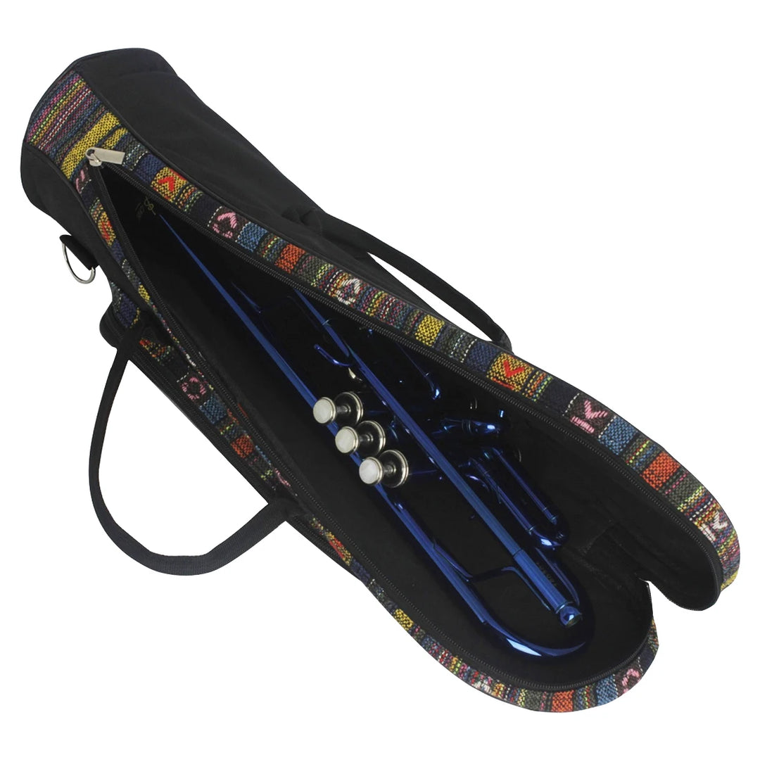 A blue trombone sits inside a vibrant carrying case crafted from ethnic style fabric and waterproof Oxford cloth. With the case partially open, you can see the instrument's valves and tubing, while its black handles provide effortless portability similar to a Portable Trumpet Cover.