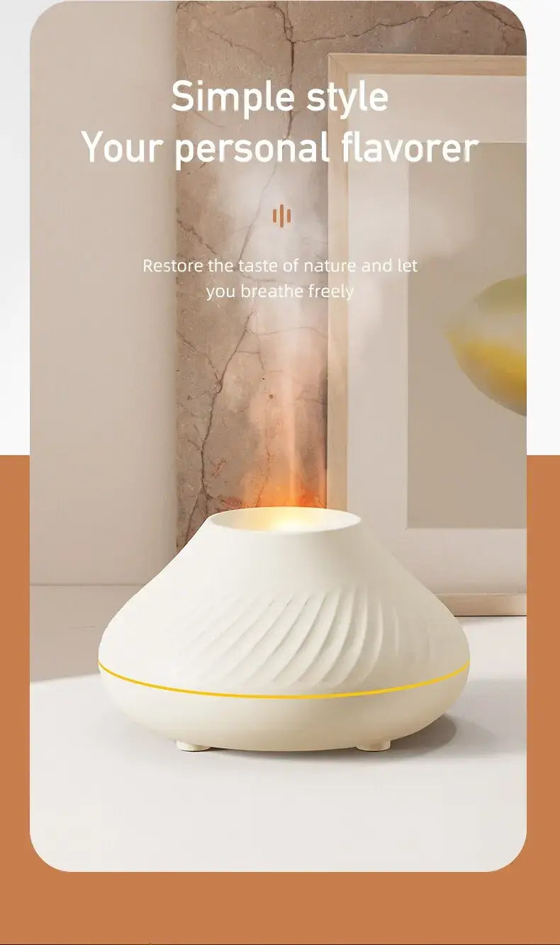 Nordic-style flame aromatherapy humidifier emitting mist, ideal for small spaces and quiet settings, enhancing room ambiance.