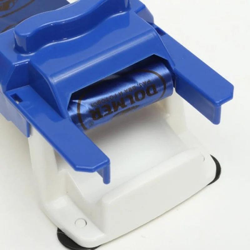 A detailed view of a blue and white tool designed from eco-friendly plastic, displaying "Dymo" in black lettering on a blue background, placed on a light surface.