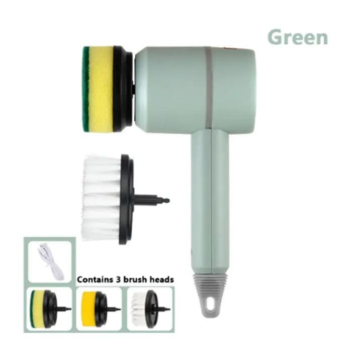 Introducing the Cordless Electric Bathroom, Kitchen & Sofa Cleaning Brush, a versatile green handheld scrub brush with an attached sponge head. The inset shows three interchangeable heads: a white bristle and a yellow-green sponge. It's USB rechargeable and comes with the necessary charging cable for added convenience.