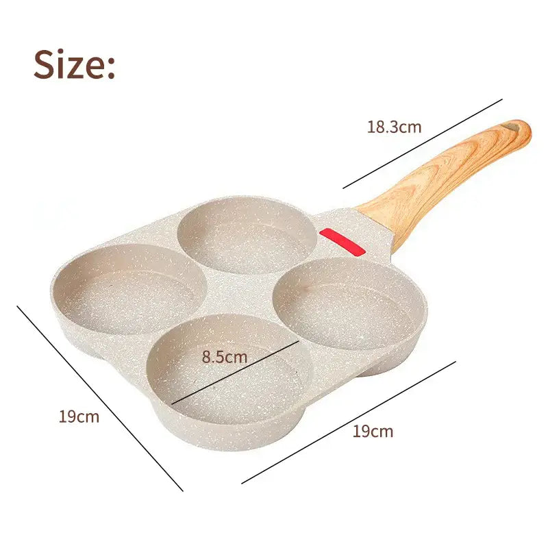 Non-stick egg frying pan with 4 holes for cooking eggs and burgers, featuring a wooden handle and intelligent temperature control.