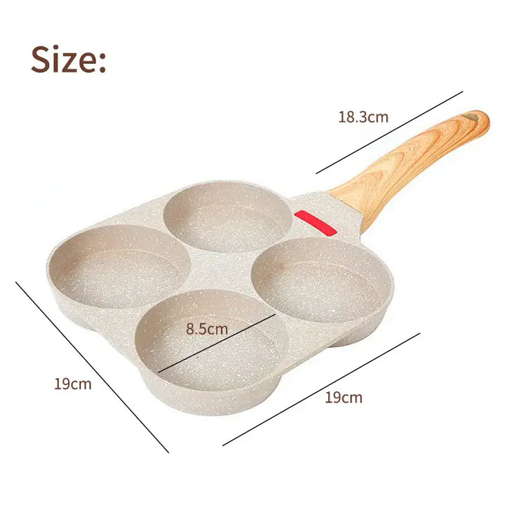 Non-stick egg frying pan with 4 holes for cooking eggs and burgers, featuring a wooden handle and intelligent temperature control.