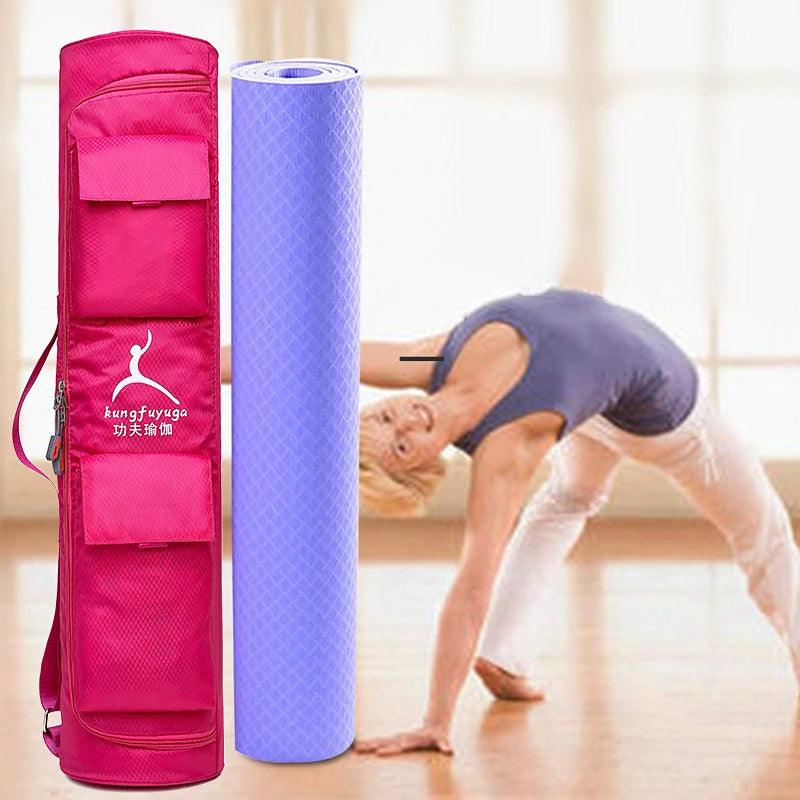 In a bright and spacious room, an individual is in a yoga pose beside a pink Waterproof Yoga Mat Bag Fitness Sport Bag, which features large capacity and includes a rolled-up purple yoga mat.